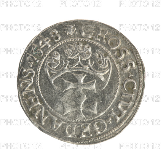 Gdansk grosz, Sigismund I the Old (King of Poland; 1506–1548). Obverse: Crowned male bust in profile turned to the right; in the rim between pearly borders an inscription: .SIGIS.I.REX.POLO.DO.TO.PRVS. Reverse: Coat of arms of Gdansk; in the rim between pearl borders the inscription: .GROSS.CIVI.GEDANENS.1548. Date: 1548. Poland, Gdansk. Coin. Diameter: 22.6–23.2 mm. Weight: 2 g. Subjects: Polish coins; Jagiellonians (dynasty); royal/male bust; Sigismund I the Old — iconography.