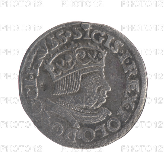 Gdansk trojak, Sigismund I the Old (King of Poland; 1506–1548). Obverse: Crowned male bust in profile turned to the right; rim inscription: .SIGIS.I.REX.POLO.D, OCI., VSS. Reverse: In the border, an inscription in five lines, the date separated by a shield with the coat of arms of Gdansk: .III./GROSS:AR./TRIP:CIVI:/DANNCZK/.15 - 35. 1535. Poland, Gdansk. Coin; Jagiellonian dynasty; royal male bust iconography; city coat of arms (Gdansk). Diameter 21.2–22.0 mm; weight 2.52 g.