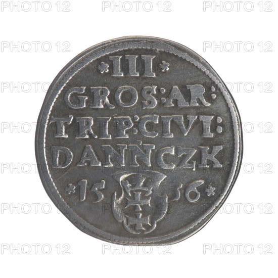 Gdansk trojak, Sigismund I the Old (King of Poland; 1506–1548). Obverse: Crowned male bust in profile turned to the right, inscription around the rim: .SIGIS.I.REX.POLO.DO.TO.PRVSS. Reverse: Inscription around the rim in five lines, date separated by a shield with the coat of arms of Gdansk: .III./.GROS:AR:/TRIP:CIVI:/DANNCZK/.15 - 36. 1536. Polish coin (Gdansk), Jagiellonian dynasty; royal bust; city coat of arms (Gdansk). Diameter 21.0–21.3 mm; weight 2.84 g.