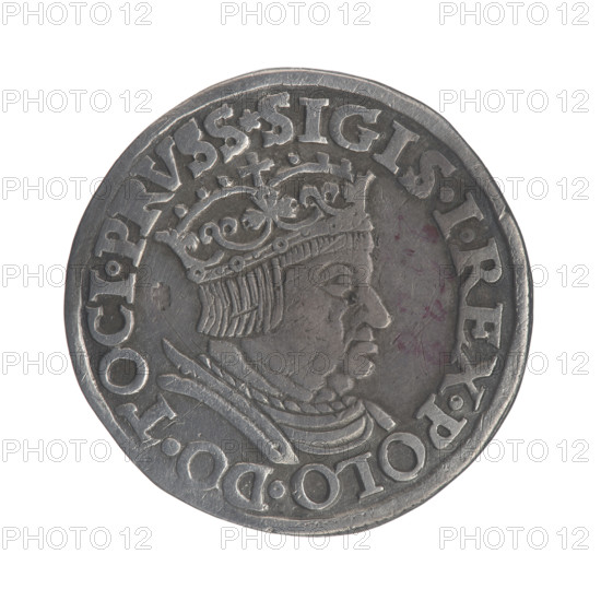 Gdansk troika, Sigismund I the Old (King of Poland; 1506–1548), Potocki, Andrzej Kazimierz (1861–1908) — male busts, royal bust (iconographic), Sigismund I the Old (King of Poland; 1467–1548) — iconography, city coats of arms, Gdansk (coat of arms). Obv.: Crowned male bust in profile turned to the right, inscription around the rim: .SIGIS.I.REX.POLO.DO.TOCI.PRVSS. Rev.: Inscription around the rim in five lines, date separated by a shield with the coat of arms of Gdansk: III./GROSS:AR./TRIP:CIVI:/DANNCZK/.15–36. 1536. Poland, Gdansk. Coin. Diameter 21.2–21.7 mm. Weight 2.5 g.