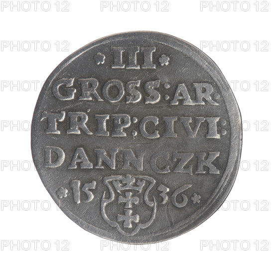 Gdansk troika, Sigismund I the Old (King of Poland; 1506–1548). Polish Jagiellonian coin, 1536. Obverse: Crowned male bust in profile turned to the right, inscription around the rim: .SIGIS.I.REX.POLO.DO.TOCI.PRVSS. Reverse: Inscription around the rim in five lines, date separated by a shield with the coat of arms of Gdansk: III./GROSS:AR./TRIP:CIVI:/DANNCZK/.15-36. City coat of arms: Gdansk. Diameter c. 21.2–21.7 mm; weight 2.5 g.