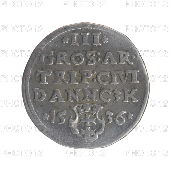 Gdansk trojak, Sigismund I the Old (King of Poland; 1506–1548). Obverse: crowned male bust in profile turned to the right, inscription around the rim: .SIGIS.I.REX.POLO.DO.TO.PRVS. Reverse: inscription around the rim in five lines, date separated by a shield with the coat of arms of Gdansk: .III./GROS:AR./TRIP:CIVI./DANNCZK/.15 - 36. Date: 1536. Silver coin (trojak), diameter 20.6–20.7 mm, weight 2.59 g. Subjects: royal/male bust, city coat of arms (Gdansk), Jagiellonian dynasty iconography.