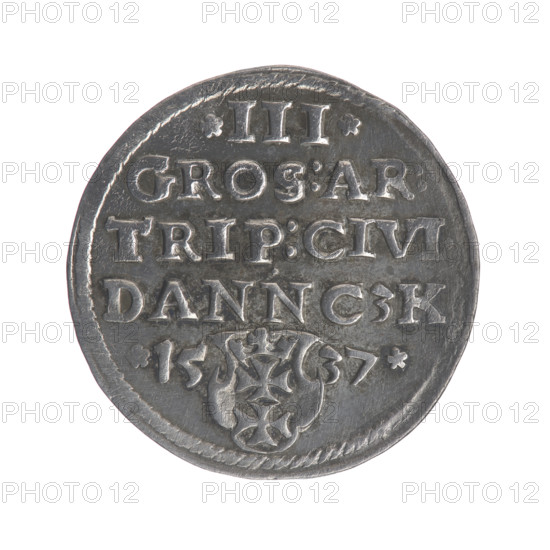 Gdansk trojak, Sigismund I the Old (King of Poland; 1506–1548). Obverse: Crowned male bust in profile turned to the right, inscription around the rim: .SIGIS.I.REX.POLO.DO.TO.PRVSS. Reverse: Inscription around the rim in five lines, date separated by a shield with the coat of arms of Gdansk: .III./GROS:AR:/TRIP:CIVI./DANNCZK/.15 - 37. Date: 1537. Poland, Gdansk. Coin. Diameter 20.6–20.8 mm. Weight 2.73 g. Jagiellonian dynasty; royal bust; city coat of arms; iconography of Sigismund I the Old.