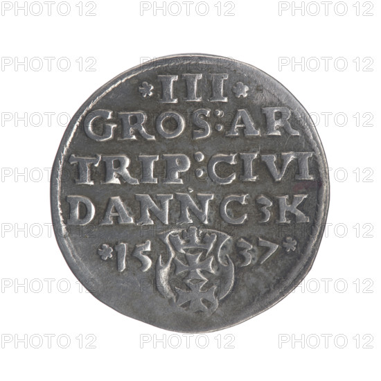 Gdansk trojak, Sigismund I the Old (King of Poland; 1506–1548). Obverse: Crowned male bust in profile turned to the right, rimmed inscription: .SIGIS.I.REX.POLO.DO.TO.PR. Reverse: In the border, an inscription in five lines, the date separated by a shield with the coat of arms of Gdansk: .III./GROS:AR/TRIP:CIVI/DANNCZK/.15 - 37. 1537. Poland, Gdansk. Coin (Gdansk trojak), Jagiellonian period; male royal busts; coats of arms of cities (Gdansk). Diameter 20.1–20.5 mm; weight 2.73 g.