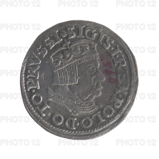 Gdansk trojak, Sigismund I the Old (King of Poland; 1506–1548). Jagiellonians dynasty. Obverse: Crowned male bust in profile turned to the right, inscription around the rim: .SIGIS.I.REX.POLO.DO.TO.PRVSSI. Reverse: Inscription around the rim in five lines, date separated by a shield with the coat of arms of Gdansk: III./GROS:AR./TRIP:CIVI./DANNCZK/.15 - 37. 1537. Poland, Gdansk. Coin; diameter 20.4–21.0 mm; weight 2.6 g.