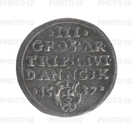 Gdansk trojak, Sigismund I the Old (King of Poland; 1506–1548). Obv.: Crowned male bust in profile turned to the right, inscription around the rim: .SIGIS.I.REX.POLO.DO.TO.PRVSSI. Rev.: Inscription around the rim in five lines, date separated by a shield with the coat of arms of Gdansk: III./GROS:AR./TRIP:CIVI./DANNCZK/.15 - 37. 1537. Poland, Gdansk. Coin (trojak), Jagiellonian dynasty; royal bust iconography; city coat of arms (Gdansk). Diameter 20.4–21.0 mm; weight 2.6 g.