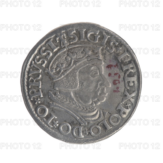 Gdansk trojak, Sigismund I the Old (King of Poland; 1506–1548). Obverse: Crowned male bust in profile turned to the right, inscription around the rim: .SIGIS.I.REX.POLO.DO.TO.PRVSSI. Reverse: Inscription around the rim in five lines, date separated by a shield with the coat of arms of Gdansk: .III./GROSS:AR./TRIP:CIVI:/GEDANEN:/.15 - 37. 1537. Poland, Gdansk. Coin (trojak), Jagiellonian period; male/royal bust iconography, city coat of arms (Gdansk). Diameter 20.4–20.6 mm, weight 2.6 g.