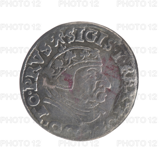 Gdansk trojak, Sigismund I the Old (King of Poland; 1506–1548). Obverse: Crowned male bust in profile turned to the right, inscription around the rim: .SIGIS.I.REX., O.TO.PRVS. Reverse: In the rim inscription in five lines, date separated by a shield with the coat of arms of Gdansk: III./GROSS:A, /TRIP:CIV, /, EDANE, /.15 - 38., 1538. Polish coin; Jagiellonian dynasty; royal bust; city coat of arms (Gdansk). Diameter ~20.5–20.7 mm; weight 2.6 g.