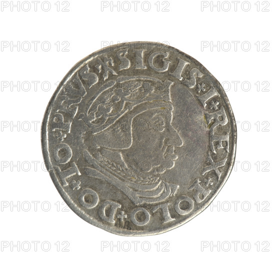 Gdansk trojak, Sigismund I the Old (King of Poland; 1506–1548). Obverse: Crowned male bust in profile turned to the right, inscription around the rim: .SIGIS.I.REX.POLO.DO.TO.PRVS. Reverse: Inscription around the rim in five lines, date separated by a shield with the coat of arms of Gdansk: .III./GROSS:AR/TRIP:CIVI:/GEDANEN/.15 - 38. Date: 1538. Poland, Gdansk. Coin. Jagiellon dynasty; city coat of arms (Gdansk); royal male bust; diameter 20.7–21.0 mm; weight 2.58 g.