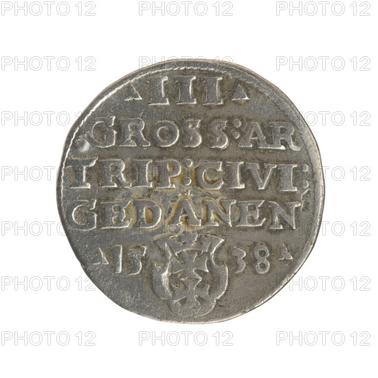 Gdansk trojak, Sigismund I the Old (King of Poland; 1506–1548). Obv.: Crowned male bust in profile turned to the right, inscription around the rim: .SIGIS.I.REX.POLO.DO.TO.PRVS. Rev.: Inscription around the rim in five lines, date separated by a shield with the coat of arms of Gdansk: .III./GROSS:AR/TRIP:CIVI:/GEDANEN/.15 - 38. 1538. Poland, Gdansk. Coin (trojak), Jagiellon dynasty; city coat of arms (Gdansk); royal male bust; diameter 20.7–21.0 mm; weight 2.58 g.