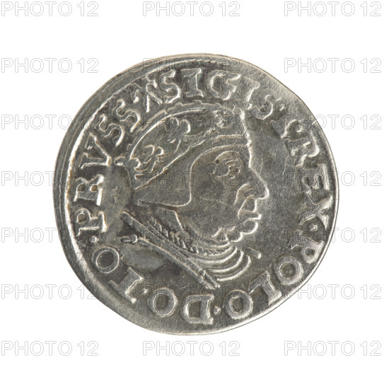 Gdansk trojak, Sigismund I the Old (King of Poland; 1506–1548). Obverse: crowned male bust in profile turned to the right, inscription around the rim: .SIG, SIREX.POLO.DO.TO.PRVSS. Reverse: inscription around the rim in five lines, date separated by a shield with the coat of arms of Gdansk: .III./GROSS.AR./TRIP:CIVI/GEDANEN/.15 - 39., 1539. Polish coin, Jagiellon dynasty; city coat of arms (Gdansk); royal bust iconography. Diameter 21.2–21.5 mm; weight 2.57 g.