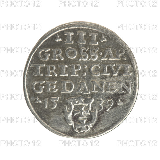 Gdansk trojak, Sigismund I the Old (King of Poland; 1506–1548). Obv.: Crowned male bust in profile turned to the right, inscription around the rim: .SIG, SIREX.POLO.DO.TO.PRVSS. Rev.: Inscription around the rim in five lines, date separated by a shield with the coat of arms of Gdansk: .III./GROSS.AR./TRIP:CIVI/GEDANEN/.15 - 39., 1539. Gdansk, Poland. Coin; diameter 21.2–21.5 mm; weight 2.57 g. Subjects: Polish coins; Jagiellons (dynasty); city coats of arms; Gdansk (coat of arms); male busts; royal bust; Sigismund I the Old — iconography.