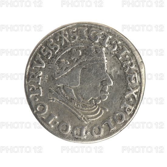 Gdansk trojak, Sigismund I the Old (king of Poland; 1506–1548). Obverse: Crowned male bust in profile turned to the right, rimmed inscription: .SIGIS.I.REX.POLO.DO.TO.PRVSS. Reverse: In the border, an inscription in five lines, the date separated by a shield with the coat of arms of Gdansk: .III./GROSS.AR./TRIP:CIVI/GEDANEN/.15 - 39. Date: 1539. Place: Gdansk, Poland. Coin (Polish), Jagiellonian period; city coat of arms (Gdansk), royal bust; diameter 21.3–21.4 mm; weight 2.52 g.
