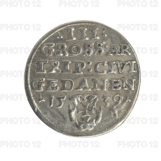 Gdansk trojak, Sigismund I the Old (king of Poland; 1506–1548). Obverse: crowned male bust in profile turned to the right, rimmed inscription: .SIGIS.I.REX.POLO.DO.TO.PRVSS. Reverse: in the border, an inscription in five lines, the date separated by a shield with the coat of arms of Gdansk: .III./GROSS.AR./TRIP:CIVI/GEDANEN/.15 - 39. Date: 1539. Place: Gdansk, Poland. Coin. Diameter 21.3–21.4 mm. Weight 2.52 g. Jagiellonian dynasty; city coat of arms (Gdansk); royal/male bust; Polish coin (trojak).