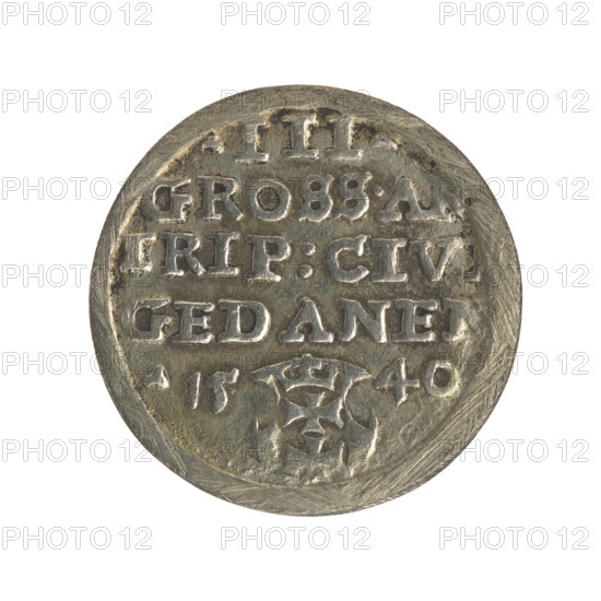 Gdansk trojak, Sigismund I the Old (King of Poland; 1506–1548). Polish coin, Jagiellon dynasty. Obverse: Crowned male bust in profile turned to the right, inscription around the rim: .SIGIS.I.REX.POLO.DO.TO.PRV. Reverse: Inscription in five lines around the rim, date separated by a shield with the coat of arms of Gdansk: .III./GROSS.A, /TRIP:CIV, /GEDANEN/.15 - 40. 1540. Gdansk. Coin. Diameter 21.0–21.2 mm. Weight 2.67 g.