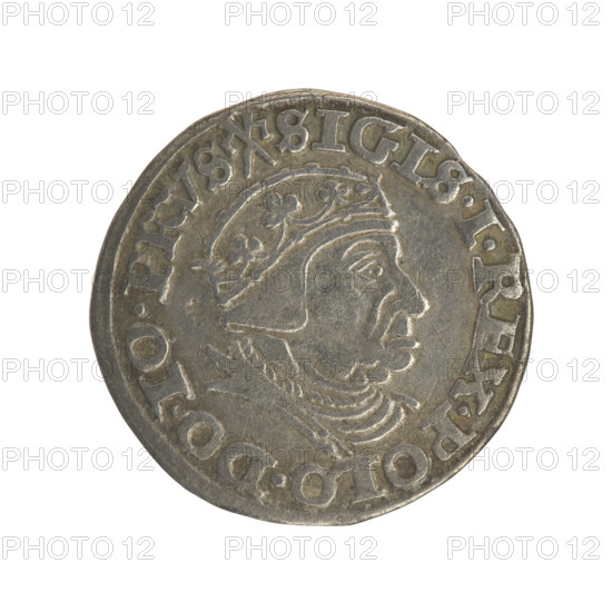 Gdansk trojak, Sigismund I the Old (King of Poland; 1506–1548). Obv.: Crowned male bust in profile turned to the right, inscription in the rim: .SIGIS.I.REX.POLO.DO.TO.PRVS. Rev.: Inscription in five lines in the rim, date separated by a shield with the coat of arms of Gdansk: .III./GROSS.AR/TRIP:CIVI/GEDANEN/.15-40. 1540. Poland, Gdansk. Coin (trojak), Jagiellon dynasty; city coat of arms (Gdansk); royal bust; diameter 20.7–21.4 mm; weight 2.57 g.