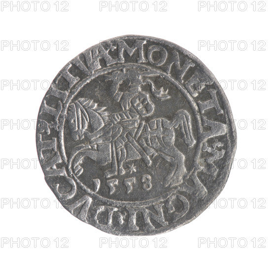 Lithuanian half-grosz of Sigismund II Augustus (King of Poland; 1544–1572). Obverse: Polish Eagle; in the rim between pearly borders an inscription: .SIGIS.AVG.REX.PO.MAG.DVX.LI. Reverse: Lithuanian Pogon; below the year 1558, in the rim between pearly borders an inscription: .MONETA.MAGNI.DVCAT9.LITVA. Dated 1558, Grand Duchy of Lithuania, Vilnius. Coin; Polish coin; metal unspecified; diameter ~19.0–19.3 mm; weight 1.13 g. Coats of arms: Jagiellons; eagles; Pogon.