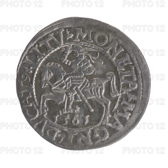 Lithuanian half-grosz, Sigismund II Augustus (King of Poland; 1544–1572). Obverse: Polish eagle; in the rim between pearly borders an inscription: .SIGIS.AVG.REX.PO.MAG.DVX.LI. Reverse: Lithuanian Pogon, below the year 1561; in the rim between pearly borders an inscription: .MONETA.MAGNI.DVCAT9.LITV. Date: 1561. Grand Duchy of Lithuania, Vilnius (Polish–Lithuanian context). Coin; diameter ~20.6–21.0 mm; weight 1.19 g. Style/features: Jagiellon dynasty; eagles and Pogon emblems.