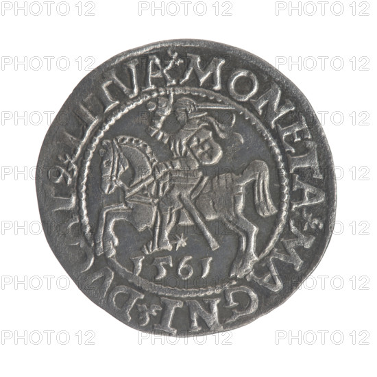 Lithuanian half-grosz, Sigismund II Augustus (King of Poland; 1544–1572). Obverse: Polish Eagle; in the rim between pearl borders an inscription: .SIGIS.AVG.REX.PO.MAG.DVX.L. Reverse: Lithuanian Pogon; below the year 1561; in the rim between pearl borders inscription: .MONETA.MAGNI.DV. T9.LITVA. 1561. Grand Duchy of Lithuania, Vilnius. Coin (Poland), diameter ~20.4–20.5 mm, weight ~1.1 g.