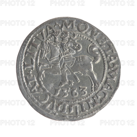Lithuanian half-grosz, Sigismund II Augustus (King of Poland; 1544–1572). Obverse: Polish Eagle; in the rim between pearl borders inscription: .SIGIS.AVG.DGREX.POLO.MDL. Reverse: Lithuanian Pursuit, below year 1563; in the rim between pearl borders an inscription divided by the Topór coat of arms: .MONETA.MAGNI - DVCAT.LITVA. Date: 1563. Grand Duchy of Lithuania, Vilnius, Poland. Coin; diameter 19.4–20.0 mm; weight 1.24 g. Features coats of arms (Jagiellons dynasty, Eagle, Pursuit/Topór). Maker: Tarlo, Gabriel (ca. 1486–1565).