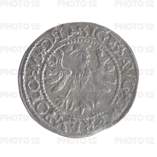 Lithuanian half-grosz, Sigismund II Augustus (King of Poland; 1544–1572). Obv.: Polish Eagle; in rim between pearl borders inscription: .SIG, S.AVG.DGREX.POLO.MDL. Rev.: Lithuanian Pogon; below the year 15–66; in rim between pearl borders inscription divided by the Jastrzebiec coat of arms: .MONETA.MAG. - DVCAT. 1566. Emblems: Jagiellons dynasty, eagles, Eagle (emblem), Pogon (emblem; Lithuania). Maker(s): Myszkowski, Stanislaw (?–1570); Potocki-Pilawa; Potocki, Andrzej Kazimierz (1861–1908); Potocki, Andrzej (1861–1908). Grand Duchy of Lithuania, Tykocin, Poland. Coin; diameter 19.0–20.0 mm; weight 1.11 g.