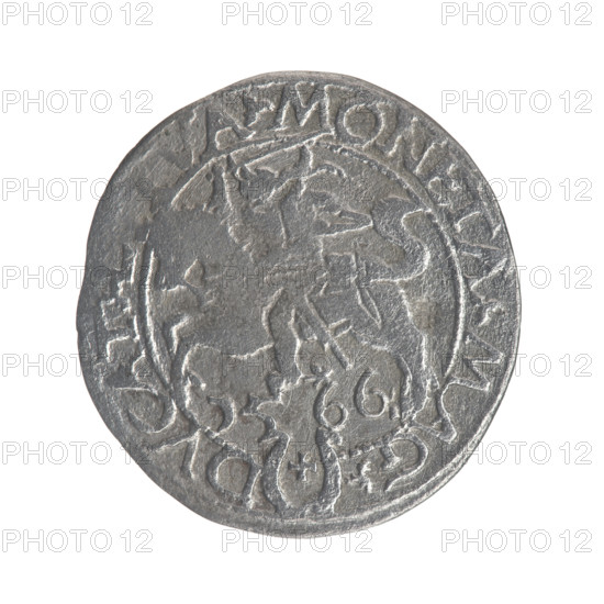 Lithuanian half-grosz, Sigismund II Augustus (King of Poland; 1544–1572). Obverse: Polish eagle; in rim between pearl borders inscription '.SIG. S.AVG.DGREX.POLO.MDL'. Reverse: Lithuanian Pogon; below the year '15 - 66'; in rim between pearl borders an inscription divided by the Jastrzebiec coat of arms: '.MONETA.MAG. - DVCAT.' 1566. Grand Duchy of Lithuania, Tykocin, Poland. Coin; diameter 19.0–20.0 mm; weight 1.11 g. Emblems: Jagiellons dynasty, eagles, Pogon.