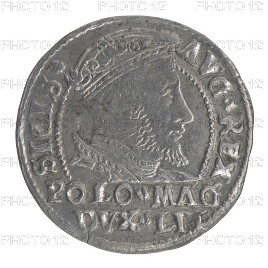 Lithuanian grosz on a Polish foot, Sigismund II Augustus (King of Poland; 1544–1572). Jagiellonian dynasty; Polish coin. Obverse: Crowned male bust in armor turned right, separating the inscription in half-rim: SIGIS. - AVG.REX; at the bottom horizontally in two lines: POLO.MAG / DVX.LIT. Reverse: Lithuanian Chase turned left; below under the crown a tied monogram composed of the letters SA and the Columns' coat of arms, which divide the inscription in the rim: MONE.MAG.D .LITVA.1546. Date: 1546. Grand Duchy of Lithuania, Vilnius. Coin; diameter 22.7–23.0 mm; weight 1.98 g.