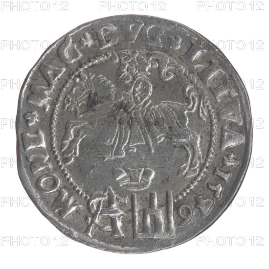 Lithuanian grosz on a Polish foot, Sigismund II Augustus (King of Poland; 1544–1572). Jagiellonian dynasty; Polish coin, Grand Duchy of Lithuania, Vilnius, 1546. Obverse: Crowned male bust in armor turned right, separating the inscription in half-rim: 'SIGIS. - AVG.REX' with bottom horizontal two-line: 'POLO.MAG/DVX.LIT'. Reverse: Lithuanian Chase turned left; below under the crown a tied monogram composed of the letters SA and the Columns (Columns of Gediminas) coat of arms, dividing the rim inscription: 'MONE.MAG.D. .LITVA.1546'. Monograms, tied monogram (type), royal bust, coats of arms. Coin; diameter 22.7–23.0 mm; weight 1.98 g.
