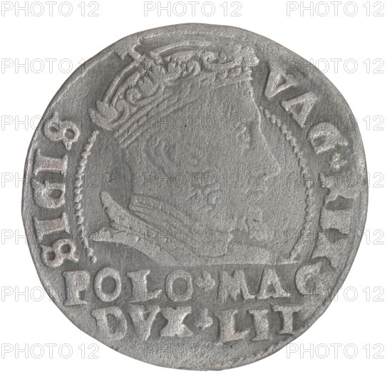 Lithuanian grosz on a Polish foot, Sigismund II Augustus (King of Poland; 1544–1572), Jagiellonians (dynasty), coats of arms, Polish coins, royal bust, Pogon (coat of arms; Lithuania), Sigismund II Augustus (King of Poland; 1520–1572) - iconography, male busts, Columns of Giedymina (coat of arms of Lithuania), monograms, tied monogram (type), monogram SA. Obv.: Crowned male bust in armour turned right, separating an inscription in a half-circle at the top: SIGIS. - VAG. REX; at the bottom horizontally in two lines: POLO. MAG. / DVX. LIT. Rv.: Lithuanian Chaser facing left, below under the crown a tied monogram composed of the letters SA and the Columns' coat of arms, which divide the inscription in the rim: MONE. MAG. DVC. LITVA. 1546. 1546. Grand Duchy of Lithuania, Vilnius, Poland. Coin, diameter 22.8–23.0 mm, weight 1.9 g.