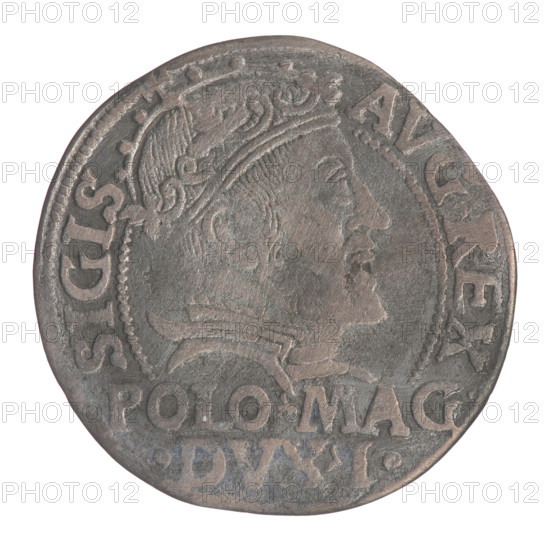 Lithuanian grosz on a Polish foot, Sigismund II Augustus (King of Poland; 1544–1572). Obverse: Crowned male bust in armour turned right, separating an inscription in a half-circle at the top: SIGIS - AVG.REX; at the bottom horizontally in two lines: .POLO.MAG./.DVX.L. Reverse: Lithuanian Pogon (chase) turned left; below, under the crown, date divided 15 - 46 and a tied monogram composed of the letters SA and the coat of arms. Rim inscription divided by Columns of Gediminas: MONETA.MAGNI.DVC.LITVA. 1546. Grand Duchy of Lithuania, Vilnius, Poland.