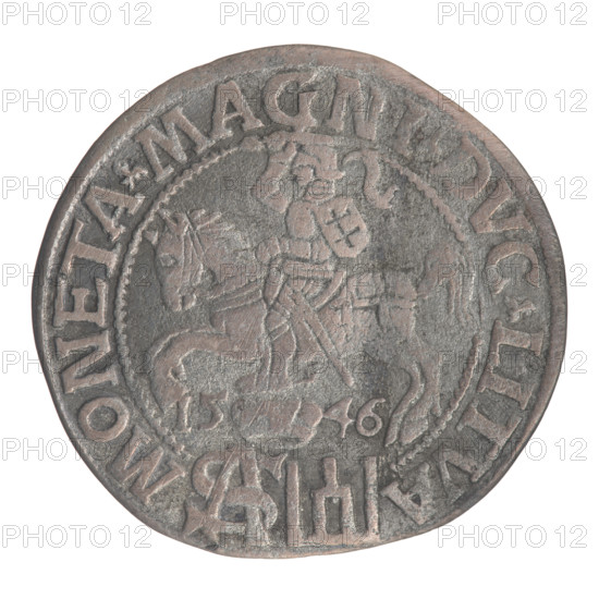 Lithuanian grosz on a Polish foot, Sigismund II Augustus (King of Poland; 1520–1572). Obverse: crowned male bust in armour turned right, separating an inscription in a half-circle at the top: SIGIS • AVG. REX; at bottom horizontally in two lines: POLO • MAG / DVX • L. Reverse: Lithuanian Chase (Pogon) turned left; below, under the crown, dividing the date 15 - 46, a tied monogram composed of the letters SA and the Columns of Gediminas (coat of arms). Rim inscription: MONETA • MAGNI • DVC • LITVA. 1546. Grand Duchy of Lithuania, Vilnius, Poland. Coin.