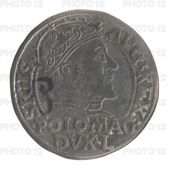 Lithuanian grosz on a Polish foot, Sigismund II Augustus (King of Poland; 1544–1572). Obverse: crowned male bust in armor turned right, separating the inscription in half-rim: SIGIS - AVG.REX; at the bottom horizontally in two lines: .POLO.MAG./.DVX.L. Reverse: Lithuanian Chase (Pogon) turned left; below, under the crown dividing the date 15 - 46, a tied monogram composed of the letters SA and the Columns of Gediminas coat of arms that divide the inscription in the rim: MONETA.MAGNI.DVC.LITVA. Date: 1546. Grand Duchy of Lithuania (Vilnius). Coin. Diameter 22.5–23.0 mm. Weight 1.97 g.