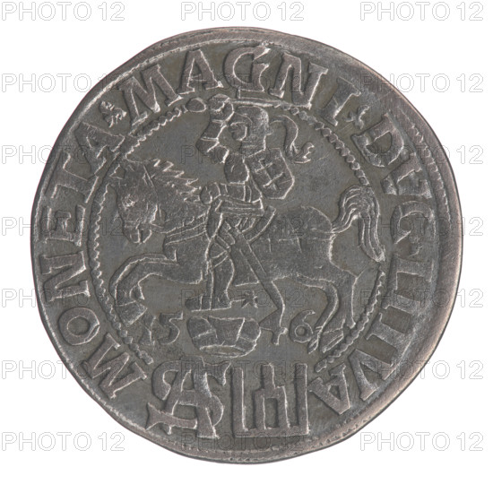 Lithuanian grosz on a Polish foot, Sigismund II Augustus (King of Poland; 1544–1572). Obv.: Crowned male bust in armor turned right, separating the inscription in half-rim: SIGIS - AVG.REX; at the bottom horizontally in two lines: .POLO.MAG./.DVX.L. Rv.: Lithuanian Chase (Pogon) turned left; below, under the crown dividing the date 15 - 46, a tied monogram composed of the letters SA and the Columns of Gediminas (coat of arms of Lithuania) that divide the inscription in the rim: MONETA.MAGNI.DVC.LITVA. Date: 1546. Grand Duchy of Lithuania (Vilnius), Poland. Coin. Diameter 22.5–23.0 mm. Weight 1.97 g.