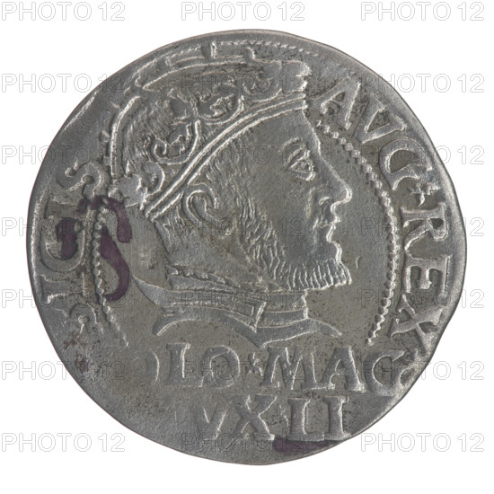 Lithuanian grosz on a Polish foot, Sigismund II Augustus (King of Poland; 1544–1572). Obverse: Crowned male bust in armor turned right, separating the inscription SIGIS - AVG.REX (at the bottom horizontally in two lines: LO.MAG./ VX.LI). Reverse: Lithuanian Chase (Pogon) turned left; below, under the crown dividing the date 15 - 46, a tied monogram composed of the letters SA and the Columns of Giedymina (coat of arms of Lithuania) that divide the rim inscription MONETA.MAGNI.DVC.LITV. Date: 1546. Grand Duchy of Lithuania (Vilnius), Poland. Coin. Diameter 22.5–23.0 mm. Weight 2.09 g. Subjects/themes: Jagiellon dynasty, emblems, royal bust, monograms (tied monogram type, monogram SA), sigismund II Augustus iconography, male busts, Columns of Giedymina, Pogon (coat of arms).