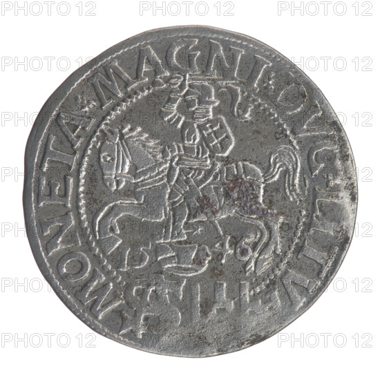 Lithuanian grosz on a Polish foot, Sigismund II Augustus (King of Poland; 1544–1572). Obverse: crowned male bust in armor turned right, separating the inscription in half-rim: SIGIS - AVG.REX; at the bottom horizontally in two lines: LO.MAG./VX.LI. Reverse: Lithuanian Chase (Pogon) turned left; below, under the crown, dividing the date 15 - 46, a tied monogram composed of the letters SA and the Columns of Giedymina; rim inscription: MONETA.MAGNI.DVC.LITV. Date: 1546. Place: Grand Duchy of Lithuania, Vilnius (Poland/Lithuania). Coin; diameter 22.5–23.0 mm; weight 2.09 g.