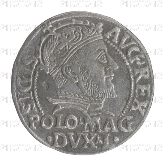 Lithuanian grosz on a Polish foot, Sigismund II Augustus (King of Poland; 1544–1572). Obverse: Crowned male bust in armour turned right, separating the inscription in a half-circle at the top: SIGIS - AVG.REX; at the bottom horizontally in two lines: POLO.MAG/.DVX.L. Reverse: Lithuanian Chaser (Pogon) turned left; below, under the crown dividing the date 15 - 47, a tied monogram composed of the letters SA and the Columns of Giedymina coat of arms that divide the rim inscription: MONETA.MAGNI.DVC.LITVA. 1547. Grand Duchy of Lithuania, Vilnius. Coin; diameter ~22.3–22.7 mm; weight 1.83 g.