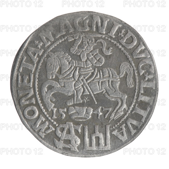 Lithuanian grosz on a Polish foot, Sigismund II Augustus (King of Poland; 1544–1572), Jagiellonians (dynasty), coats of arms, Polish coin, Pogon (coat of arms; Lithuania), royal bust, Sigismund II Augustus (King of Poland; 1520–1572) - iconography, male bust, Columns of Giedymina (coat of arms; Lithuania), monograms, SA tied monogram. Obv.: Crowned male bust in armour turned right, separating the inscription in a half-circle at the top: SIGIS·AVG·REX; at the bottom horizontally in two lines: POLO·MAG/·DVX·L. Rv.: Lithuanian Chaser turned left; below, under the crown dividing the date 15–47, a tied monogram composed of the letters SA and the coat of arms of the Columns that divide the rim inscription: MONETA·MAGNI·DVC·LITVA. 1547. Grand Duchy of Lithuania, Vilnius, Poland. Coin. Diameter 22.3–22.7 mm; weight 1.83 g.