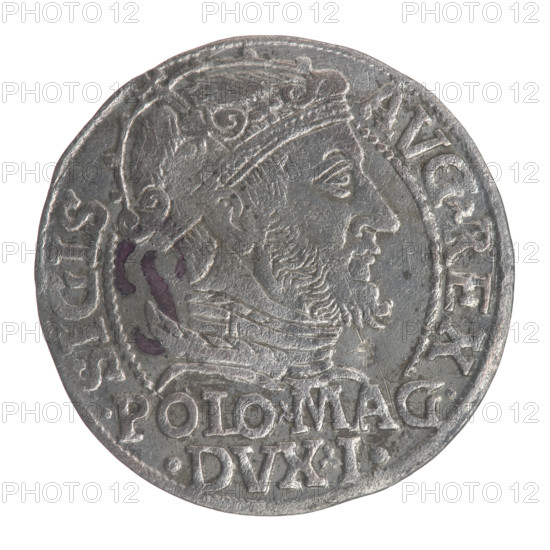 Lithuanian grosz on a Polish foot, Sigismund II Augustus (King of Poland; 1544–1572). Obverse: Crowned male bust in armor turned right, separating the inscription SIGIS-AVG.REX in half-rim; at bottom horizontally in two lines: POLO.MAG./DVX.L. Reverse: Lithuanian Chase turned left; below, under the crown dividing the date 15-47, a tied monogram composed of the letters SA and the coat of arms Giedymina's Columns that divide the rim inscription MONETA.MAGNI.DVCA.LITVA. 1547. Grand Duchy of Lithuania (Vilnius), Poland. Coin; diameter ~22.3–22.5 mm; weight 1.86 g.
