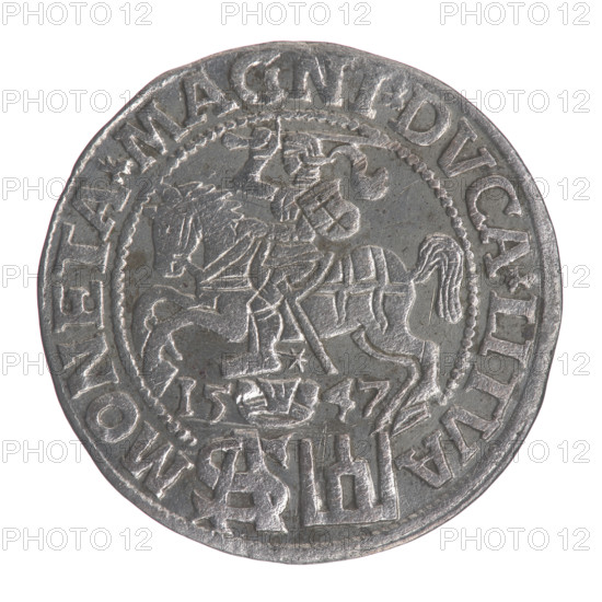Lithuanian grosz on a Polish foot, Sigismund II Augustus (King of Poland; 1544–1572). Obverse: Crowned male bust in armor turned right, separating the inscription SIGIS - AVG.REX in half-rim; at bottom horizontally in two lines: .POLO.MAG./.DVX.L. Reverse: Lithuanian Chase turned left; below, under the crown dividing the date 15 - 47, a tied monogram composed of the letters SA and the coat of arms Giedymina's Columns that divide the rim inscription MONETA.MAGNI.DVCA.LITVA. 1547. Grand Duchy of Lithuania (Vilnius), Poland. Coin; diameter ~22.3–22.5 mm; weight 1.86 g. Subjects/attributes: Jagiellon dynasty; emblems; Pogon (coat of arms; Lithuania); monograms; tied monogram (type); monogram SA; royal/male bust iconography; Sigismund II Augustus iconography.