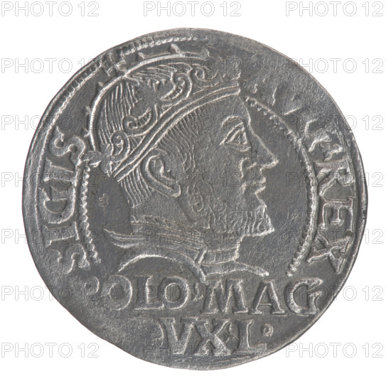 Lithuanian grosz on a Polish foot, Sigismund II Augustus (King of Poland; 1544–1572). Obverse: Crowned male bust in armour turned right, separating the inscription in a half-circle at the top: SIGIS-, .REX; at the bottom horizontally in two lines: OLO.MAG/ VX.L. Reverse: Lithuanian Chase turned left; below, under the crown dividing the date 15-47, a tied monogram composed of the letters SA and the coat of arms of the Columns of Giedymina, which divide the inscription in the rim: MONETA.MAG, VC.LITVA - 1547. Features: Pogon (coat of arms; Lithuania), monogram SA (tied monogram type), royal bust, male busts. Grand Duchy of Lithuania, Vilnius, Poland. Coin; diameter 22.2–22.8 mm; weight 2.1 g.