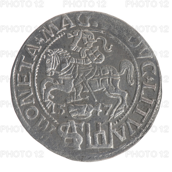 Lithuanian grosz on a Polish foot, Sigismund II Augustus (King of Poland; 1544–1572). Obverse: Crowned male bust in armour turned right, separating the inscription in a half-circle at the top: 'SIGIS-' and 'REX' at the bottom horizontally in two lines: 'OLO.MAG/ VX.L.' Reverse: Lithuanian Chase turned left; below, under the crown, dividing the date 15-47, a tied monogram composed of the letters SA and the coat of arms of the Columns of Giedymina, which divide the inscription on the rim: 'MONETA.MAG VC.LITVA'. Date: 1547. Grand Duchy of Lithuania, Vilnius, Poland. Coin; diameter 22.2–22.8 mm; weight 2.1 g. Subjects/styles: coats of arms, Jagiellonians dynasty, Polish coins, royal bust, Pogon (Lithuanian coat of arms), monograms, tied monogram type, iconography of Sigismund II Augustus.