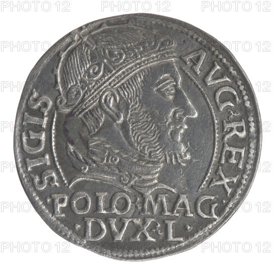 Lithuanian grosz on a Polish foot, Sigismund II Augustus (King of Poland; 1544–1572). Obverse: Crowned male bust in armor turned right, separating the inscription in half-rim: SIGIS - AVG.REX; at bottom in two horizontal lines: .POLO.MAG./.DVX.L. Reverse: Lithuanian Chase turned left; below, under the crown dividing the date 15 - 48, a tied monogram composed of the letters SA and the Giedyminus Columns (coat of arms of Lithuania) that divide the inscription in the rim: MONETA.MAGNI.DVCA.LITVA. 1548, Vilnius, Grand Duchy of Lithuania (Poland). Coin; diameter approx. 23.0–23.2 mm; weight 1.85 g.