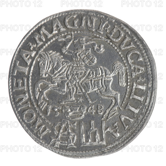 Lithuanian grosz on a Polish foot, Sigismund II Augustus (King of Poland; 1544–1572). Obv.: Crowned male bust in armor turned right, separating the inscription in half-rim: SIGIS - AVG.REX; at the bottom in two lines: .POLO.MAG./.DVX.L. Rv.: Lithuanian Chase turned left; below under the crown dividing the date 15 - 48 a tied monogram composed of the letters SA and the coat of arms Giedyminus Columns that divide the inscription in the rim: MONETA.MAGNI.DVCA.LITVA. 1548, Vilnius, Grand Duchy of Lithuania. Coin; dia. 23.0–23.2 mm; weight 1.85 g.