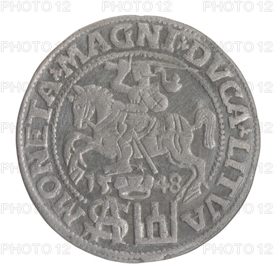 Lithuanian grosz on a Polish foot, Sigismund II Augustus (King of Poland; 1544–1572); Polish coins; Jagiellonians (dynasty); coats of arms; Pogon (coat of arms; Lithuania); male busts; royal bust; Sigismund II Augustus (King of Poland; 1520–1572) — iconography; monograms; tied monograms; SA monogram; Columns of Giedymina (coat of arms of Lithuania). Obverse: Crowned male bust in armor turned right, separating the inscription in a half-circle at the top: SIGIS-AVG.REX; at the bottom horizontally in two lines: .POLO.MAG./.DVX.L. Reverse: Lithuanian Chase turned left; below, under the crown dividing the date 15-48, a tied monogram composed of the letters SA and the Columns coat of arms that divide the inscription in the rim: MONETA.MAGNI.DVCA.LITVA. 1548; Vilnius, Grand Duchy of Lithuania (Poland–Lithuania); coin; dia. 22.4–23.0 mm; weight 1.8 g.