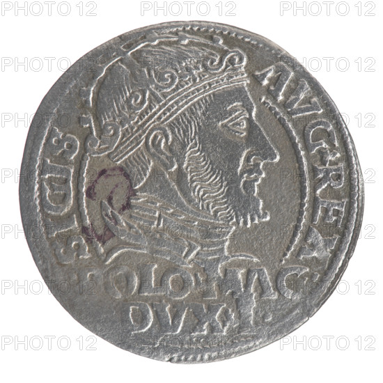 Lithuanian grosz on a Polish foot, Sigismund II Augustus (King of Poland; 1544–1572). Polish coin (Grand Duchy of Lithuania), 1548. Obverse: Crowned male bust in armour turned right, separating the inscription in a half-circle at the top: SIGIS - AVG.REX; at the bottom horizontally in two lines: .POLO.MAG./ DVX.L. Reverse: Lithuanian Chase turned left; below, under the crown dividing the date 15 - 48, a tied monogram composed of the letters SA and the Columns of Gediminas coat of arms that divide the rim inscription: MONETA.MAGNI.DVCA.LITVA. Coin diameter approx. 22.8–23.2 mm; weight 1.74 g.