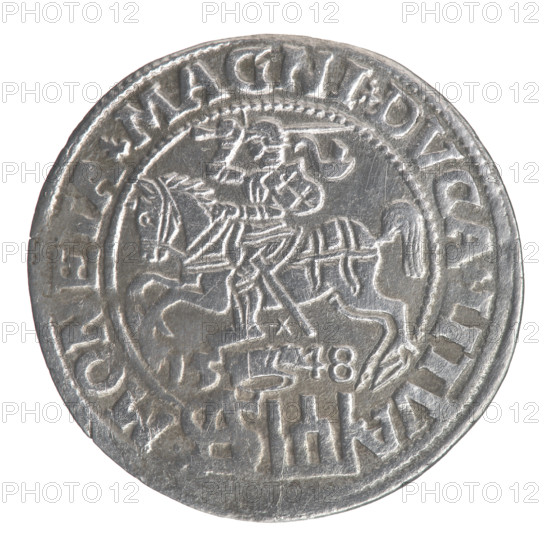 Lithuanian grosz on a Polish foot, Sigismund II Augustus (King of Poland; 1544–1572). Polish coin, Grand Duchy of Lithuania, 1548, Vilnius. Obverse: crowned male bust in armour turned right, separating the inscription in a half-circle at the top: SIGIS · AVG · REX; at the bottom in two horizontal lines: POLO · MAG / DVX · L. Reverse: Lithuanian Chase turned left; below, under the crown dividing the date 15 - 48, a tied monogram composed of the letters SA and the Columns of Giedyminas coat of arms that divide the rim inscription: MONETA · MAGNI · DVCA · LITVA. Iconography: royal bust, monograms (tied SA), Pogon (Columns of Giedymina). Diameter ˜ 22.8–23.2 mm; weight 1.74 g.