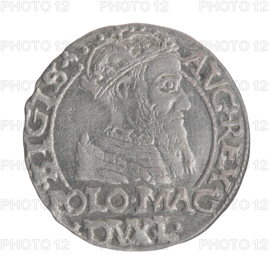 Lithuanian grosz on a Polish foot, Sigismund II Augustus (King of Poland; 1544–1572). Polish coins, Jagiellonians (dynasty), coats of arms, Pogon (coat of arms; Lithuania), male busts, royal bust, Sigismund II Augustus (King of Poland; 1520–1572) - iconography, monograms, tied monograms, SA monogram, Columns of Giedymina (coat of arms of Lithuania). Obv.: Crowned male bust in armour turned right, separating an inscription in a half-circle at the top: .SIGIS. - AVG.REX; at the bottom horizontally in two lines: POLO.MAG/.DVX.L. Rv.: Lithuanian Chase turned left, below under the crown dividing the date 15 - 66 a tied monogram composed of the letters SA and the coat of arms Columns that divide the inscription in the rim: MONETA.MAGNI.DVCA.LI. 1566, Vilnius, Poland, Grand Duchy of Lithuania. Coin, diameter 21.3–21.8 mm, weight 1.75 g.