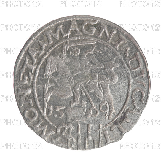 Lithuanian grosz on a Polish foot, Sigismund II Augustus (King of Poland; 1544–1572). Polish coins; Jagiellonians (dynasty); coats of arms; Pogon (coat of arms; Lithuania); male busts; royal bust; Sigismund II Augustus (King of Poland; 1520–1572) — iconography; monograms; tied monograms; SA monogram; Columns of Gediminas (coat of arms of Lithuania). WQXBCFS
I:\nmw crop ready cleaned\ WQXBCFS
I:\nmw crop ready cleaned\Obverse: Crowned male bust in armour turned right, separating an inscription in a half-circle at the top: .SIGIS. - AVG.REX; at the bottom horizontally in two lines: POLO.MAG/.DVX.L. Reverse: Lithuanian chase turned left; below, under the crown dividing the date 15 - 66, a tied monogram composed of the letters SA and the Columns coat of arms that divide the inscription in the rim: MONETA.MAGNI.DVCA.LI. 1566, Vilnius, Poland, Grand Duchy of Lithuania; coin; diameter 21.3–21.8 mm; weight 1.75 g.