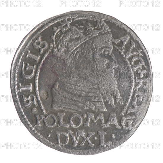 Lithuanian grosz on a Polish foot, Sigismund II Augustus (King of Poland; 1544–1572). Polish coin, 1566. Obverse: crowned male bust in armor turned right, separating the inscription in a half-circle at the top: SIGIS-AVG.REX; at the bottom horizontally in two lines: POLO.MAG/.DVX.L. Reverse: Lithuanian chase turned left, below under the crown dividing the date 15-66, a tied monogram composed of the letters SA and the coat of arms Columns of Giedymina that divide the inscription in the rim: MONETA.MAGNI.DVCA.LI. Jagiellonians (dynasty), coats of arms, Pogon (coat of arms; Lithuania), royal bust, monograms, tied monograms, SA monogram. 1566, Vilnius, Grand Duchy of Lithuania. Coin diameter 22.7–23.0 mm; weight 1.8 g.