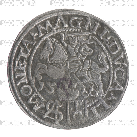 Lithuanian grosz on a Polish foot, Sigismund II Augustus (King of Poland; 1544–1572). Polish coin, 1566, Vilnius, Grand Duchy of Lithuania. Obverse: Crowned male bust in armor turned right, separating the inscription in a half-circle at the top: .SIGIS - AVG.REX; at the bottom horizontally in two lines: POLO.MAG/.DVX.L. Reverse: Lithuanian chase turned left; below under the crown dividing the date 15 - 66 a tied monogram composed of the letters SA and the Columns of Giedymina (coat of arms of Lithuania) that divide the inscription in the rim: MONETA.MAGNI.DVCA.LI. Jagiellonians dynasty; coats of arms; Pogon (coat of arms, Lithuania); royal bust; monograms; tied monograms; SA monogram. Diameter 22.7–23.0 mm, weight 1.8 g.